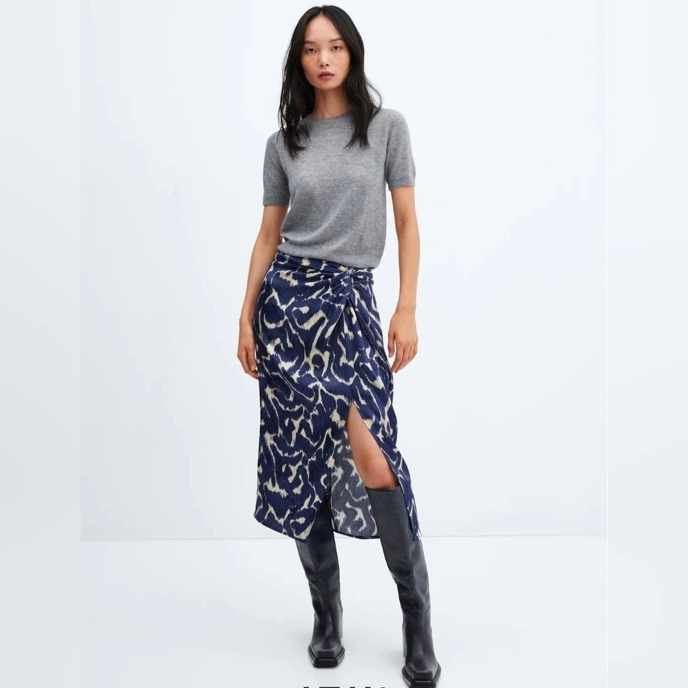 NWT Mango Blue and White Knot Print Midi Skirt Size M